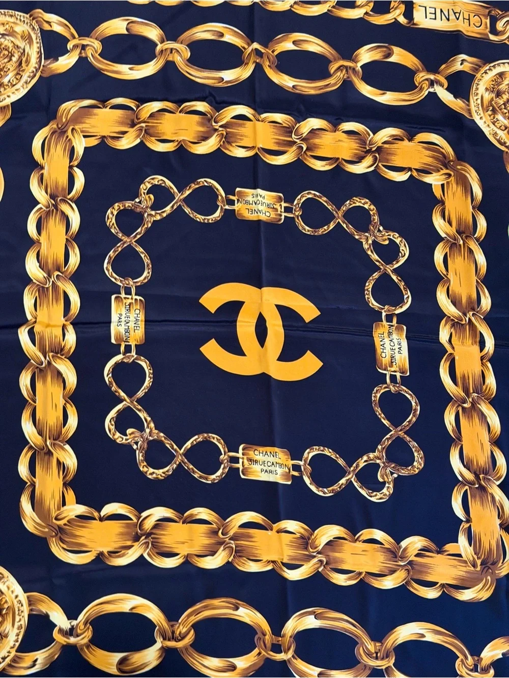 CHANEL Navy Blue and Gold Chain Print Silk Scarf